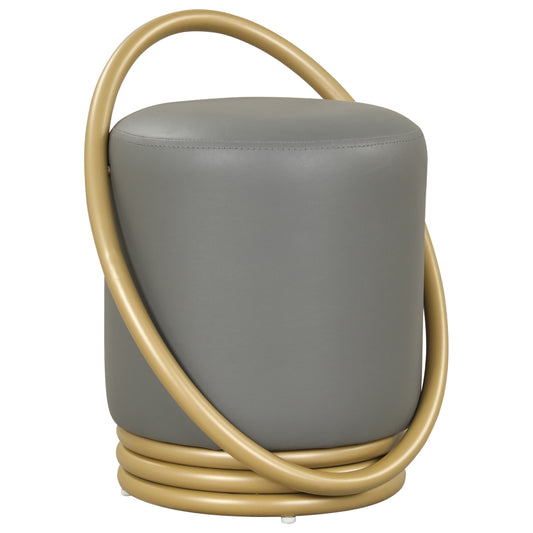 Gray round vanity stool with faux leather upholstery and gold halo base, stylish makeup chair for living room decor.