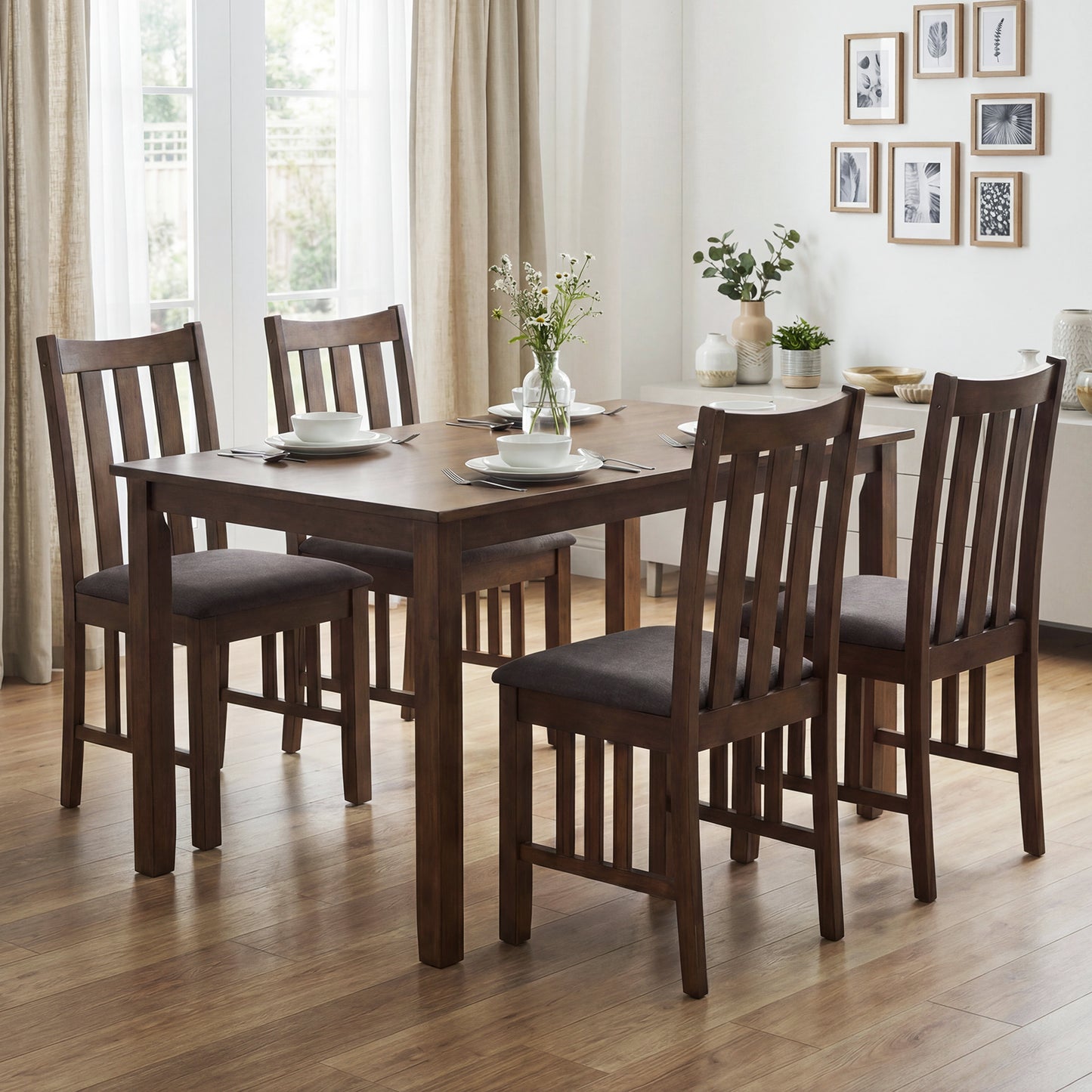 Rubber Wood Dining Chairs Side Chairs Set of 4 with Slat Back-Brown