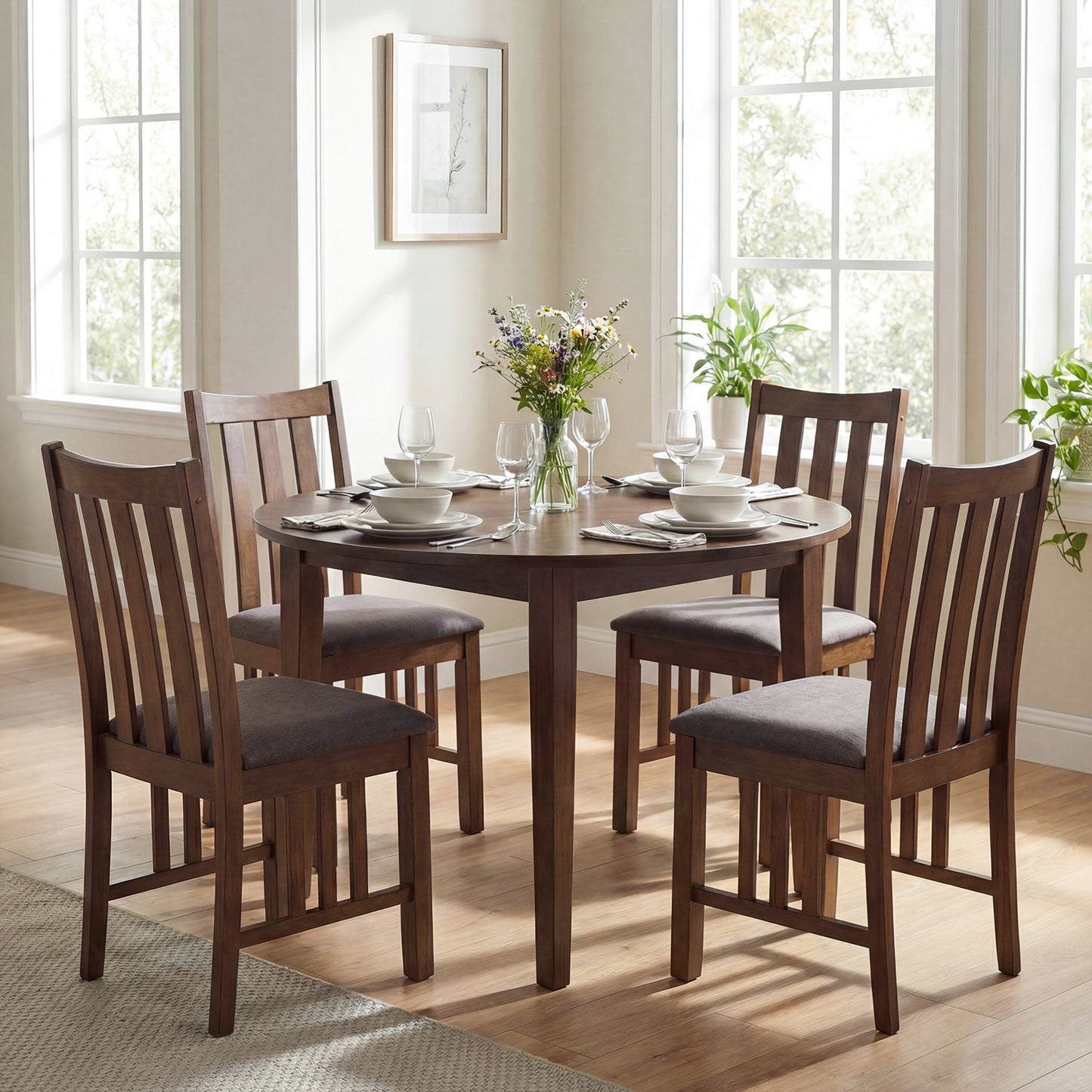 Rubber Wood Dining Chairs Side Chairs Set of 4 with Slat Back-Brown