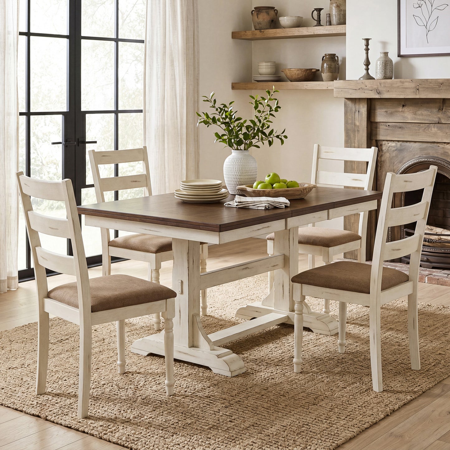 Rubber Wood Dining Chairs Set of 4 with Padded Linen Seat & Slatted Backrest-White