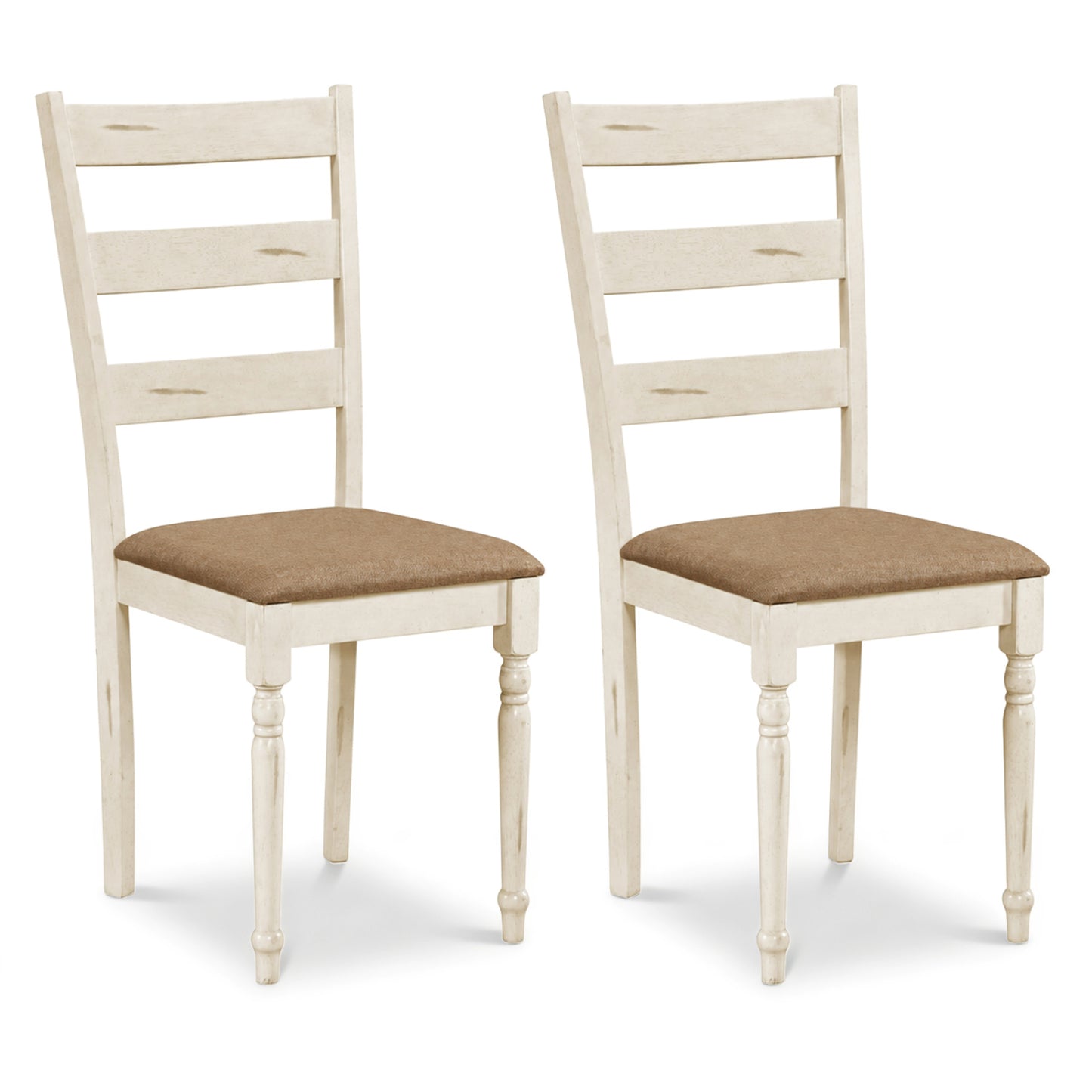 Rubber Wood Dining Chairs Set of 2 with Padded Linen Seat & Slatted Backrest-White