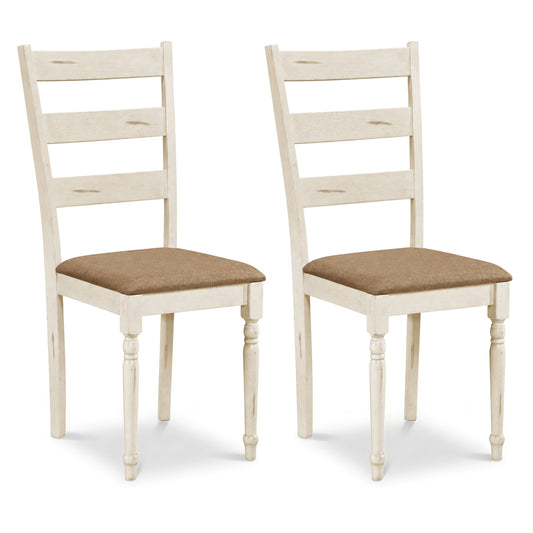 Rubber Wood Dining Chairs Set of 2 with Padded Linen Seat & Slatted Backrest-White