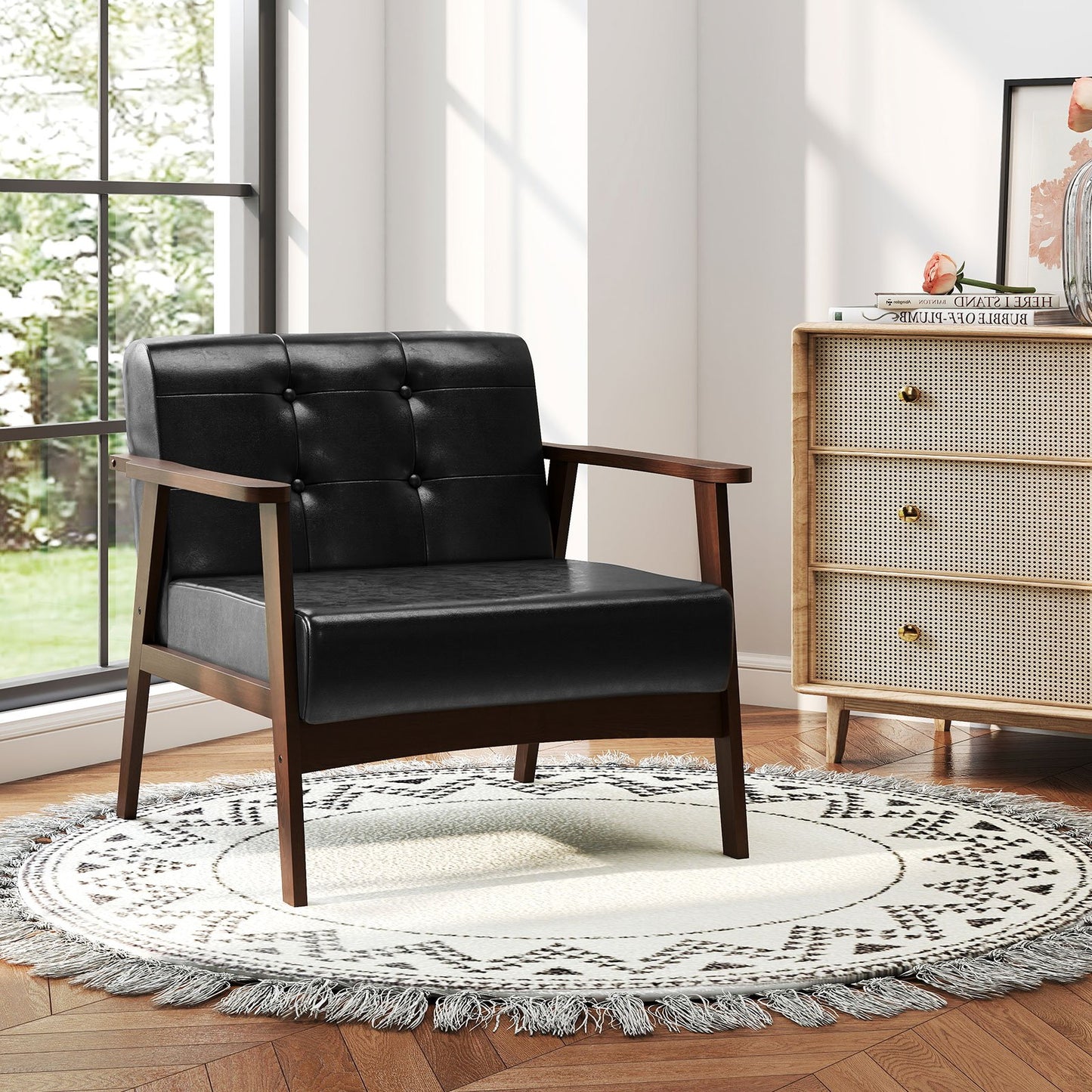 Rubber Wood Frame Accent Chair with Armrest for Living Room-Beige
