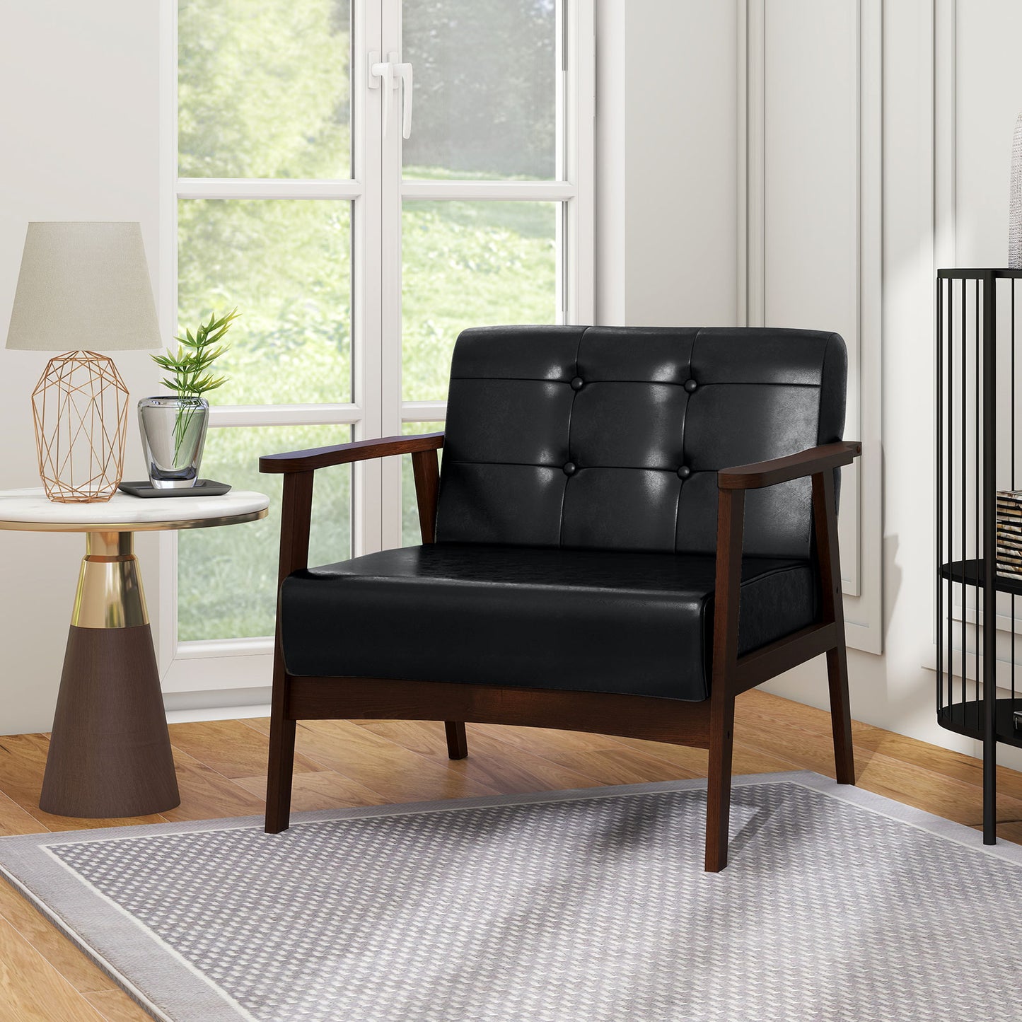 Rubber Wood Frame Accent Chair with Armrest for Living Room-Beige
