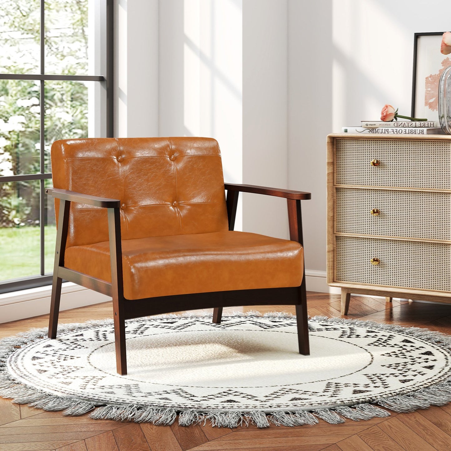 Rubber Wood Frame Accent Chair with Armrest for Living Room-Beige