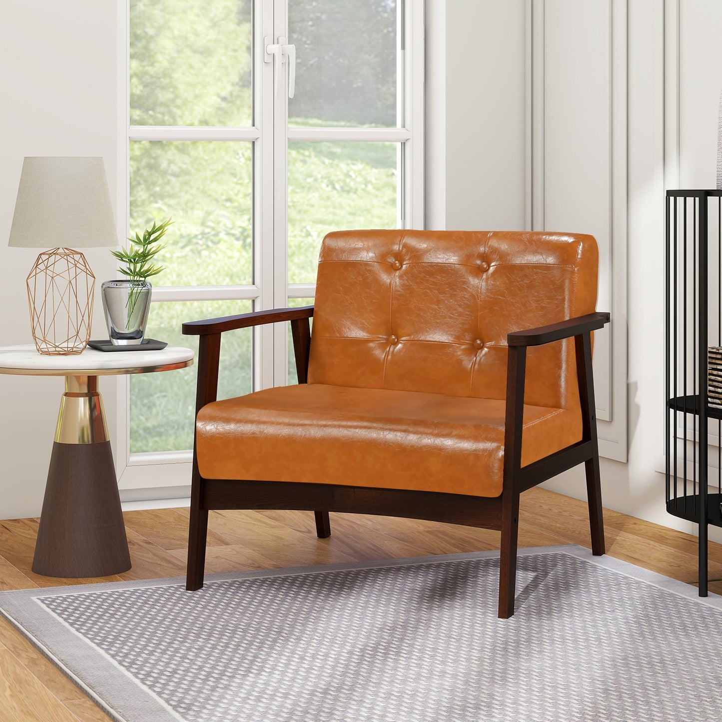 Rubber Wood Frame Accent Chair with Armrest for Living Room-Beige