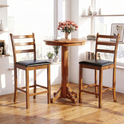 Rubber Wood Ladder Back Bar Stools Set of 2 24inch Counter Height Kitchen Island High Chairs-Walnut
