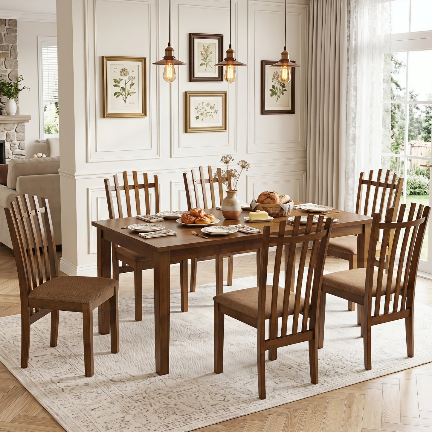 Rubber Wood Slat Back Kitchen Dining Chairs Set of 4-Brown
