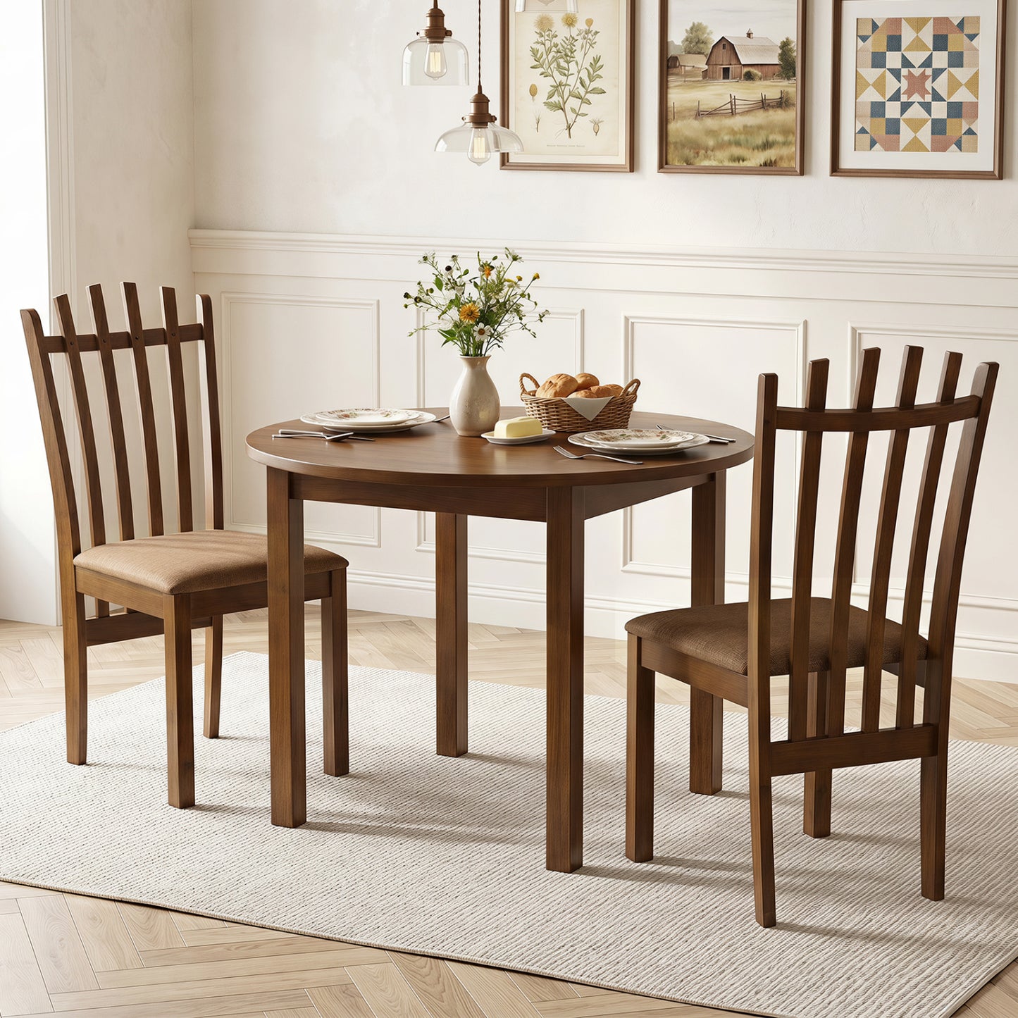 Rubber Wood Slat Back Kitchen Dining Chairs Set of 2-Brown