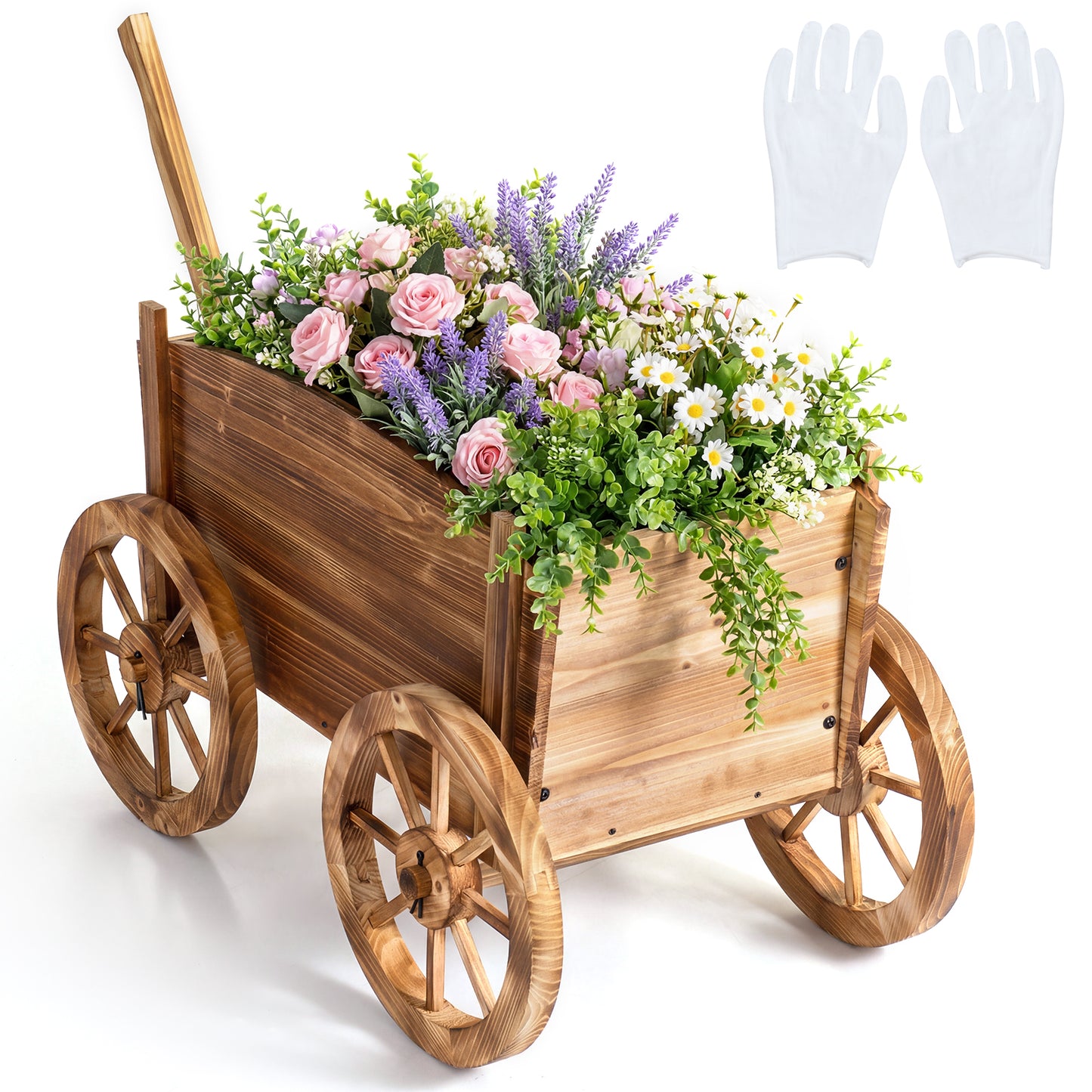 Rustic rolling flower pot stand with wheels and handle, ideal for outdoor garden or raised garden beds.