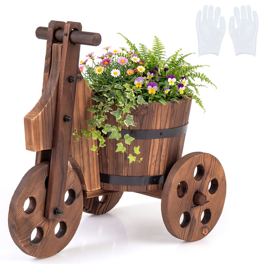 Rustic Wood Tricycle Planter Barrel Flower Pot Cart with Drainage Hole-Coffee