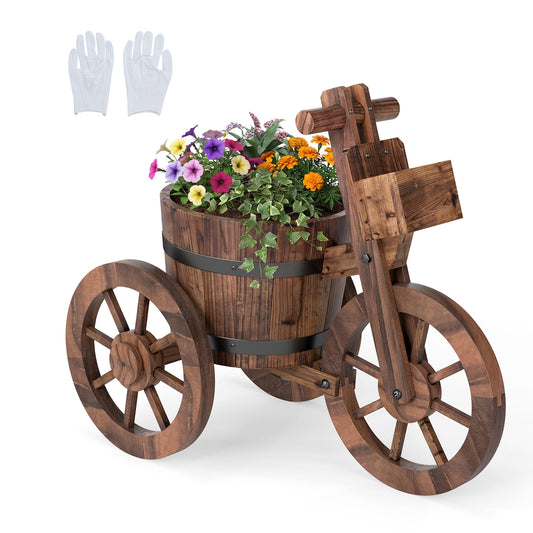 Rustic Wood Tricycle Planter with Wheels and Storage Box-Coffee