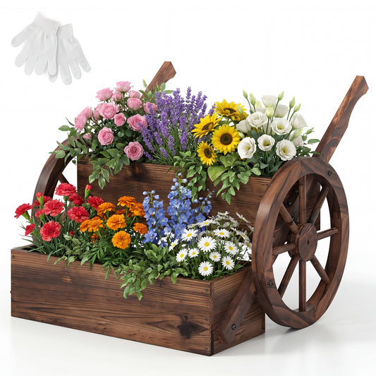 Rustic Wood Wagon Planter 2-Tier Versatile Raised Garden Bed with Wheels-Brown
