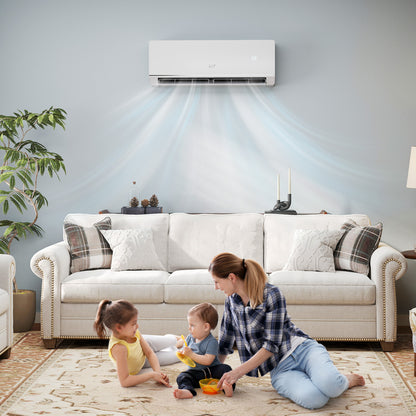 Energy Star 12000 BTU 24 SEER2 mini split AC with heating, installed on wall bracket, for efficient climate control.