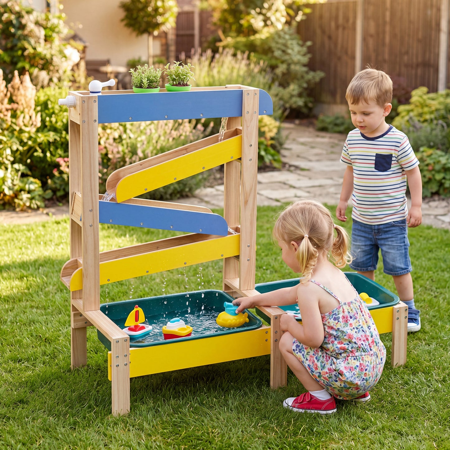 Colorful toddler sand and water table with two basins for outdoor play, featuring bright, multicolor plastic design.