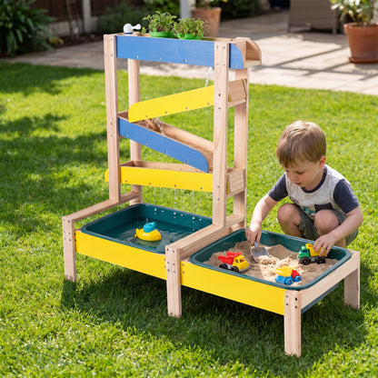 Multicolor toddler sand and water table with two basins, perfect for pretend play and outdoor fun.