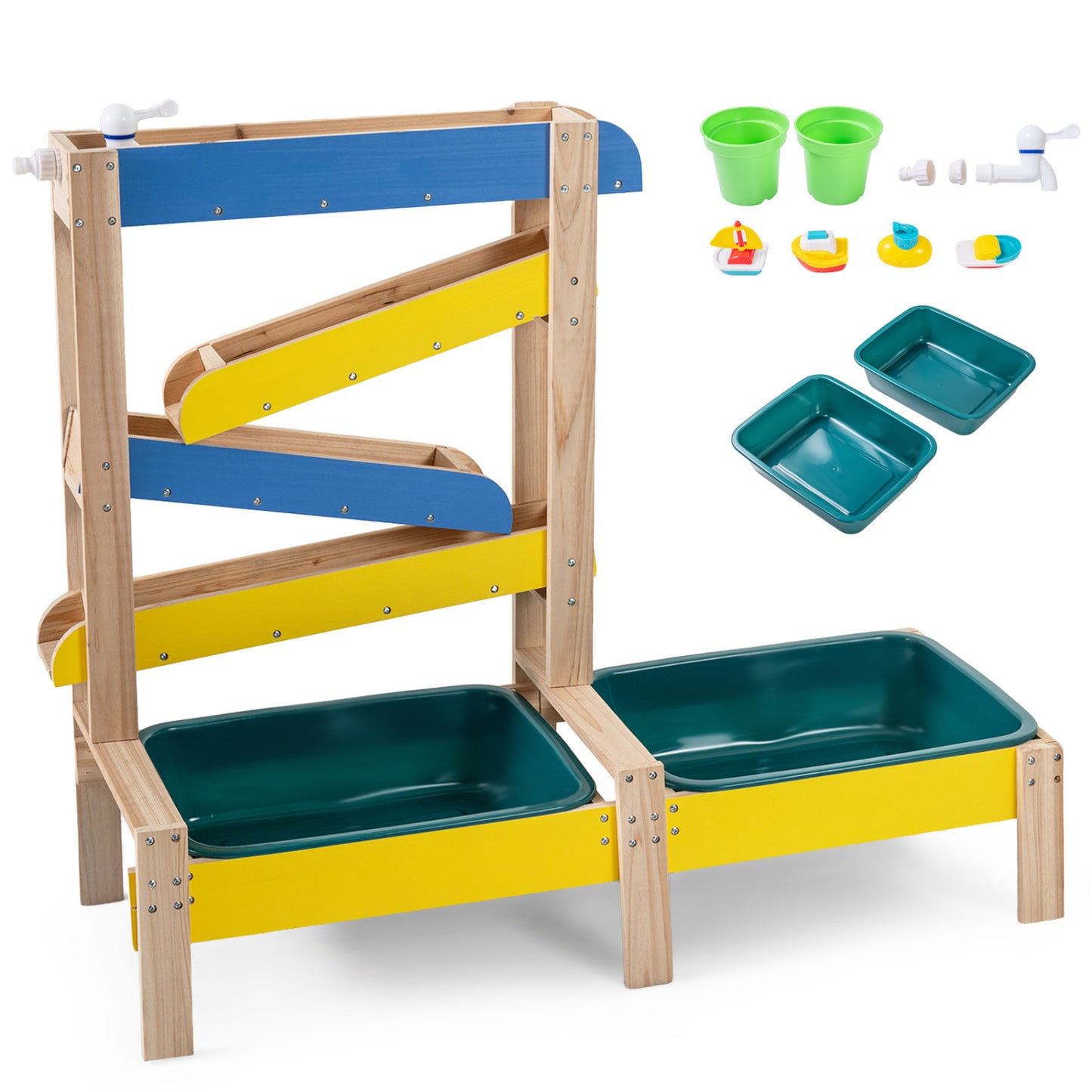 Colorful toddler sand and water table with two basins, ideal for pretend play and sensory fun, by Wilsons Home Store.