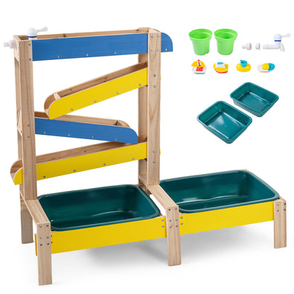 Colorful toddler sand and water table with two basins, ideal for pretend play and sensory fun, by Wilsons Home Store.