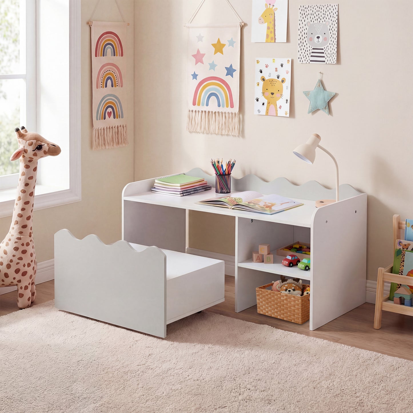 Scalloped Kids Bookshelf and Toy Storage Organizer for Playroom-Gray