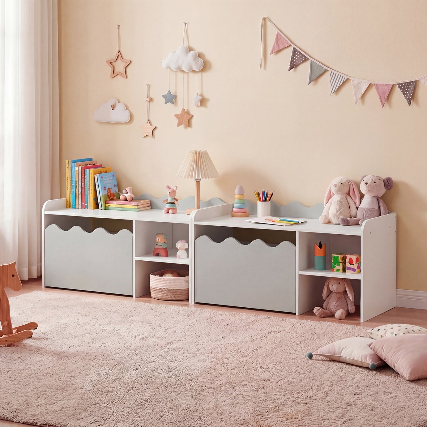 Scalloped Kids Bookshelf and Toy Storage Organizer for Playroom-Gray