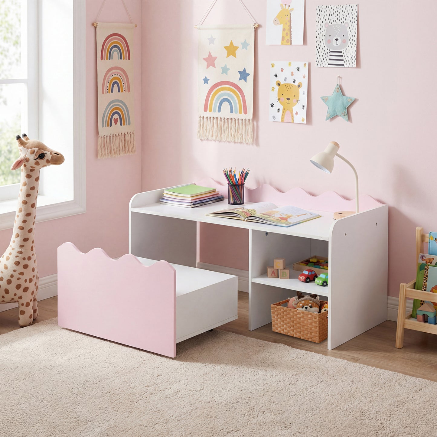 Scalloped Kids Bookshelf and Toy Storage Organizer for Playroom-Gray