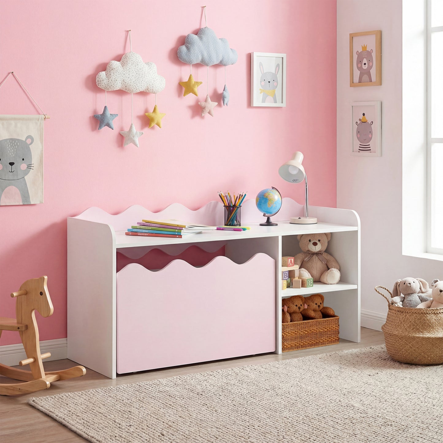 Scalloped Kids Bookshelf and Toy Storage Organizer for Playroom-Gray