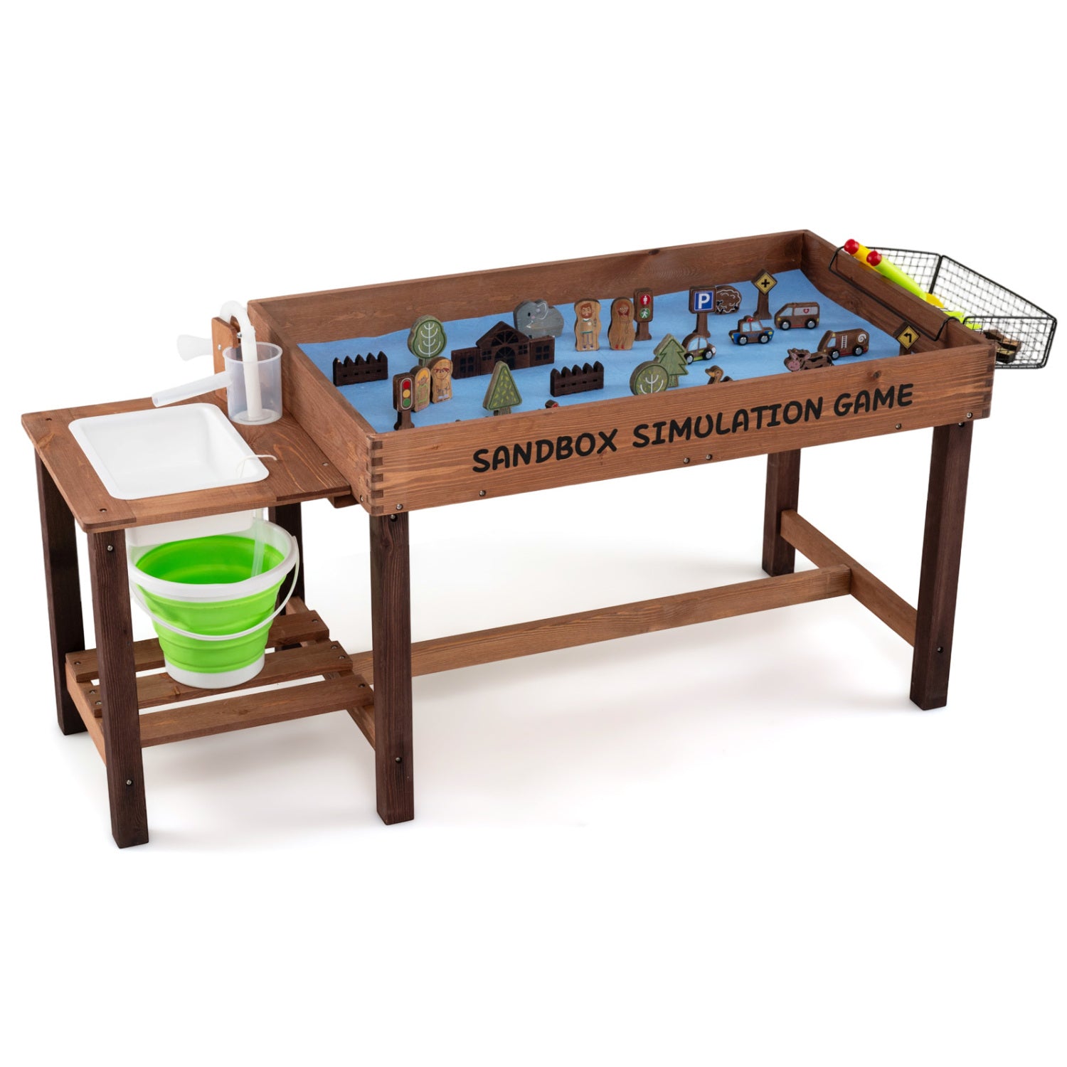 Sensory table with water pump, sink, and 33 sand toys for toddlers, designed for pretend play and sensory exploration.
