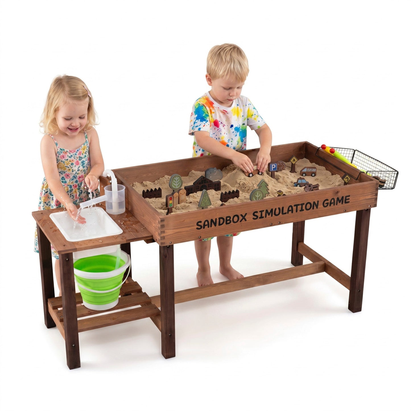 Sensory table with water pump, sink, and 33 sand toys for toddlers, designed for pretend play and outdoor fun.