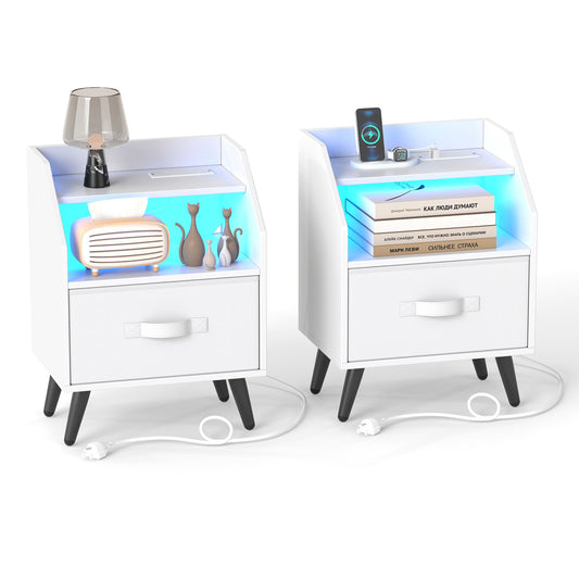 Set of 2 white bedroom nightstands with LED lights and power outlets, modern furniture for living room or bedroom decor