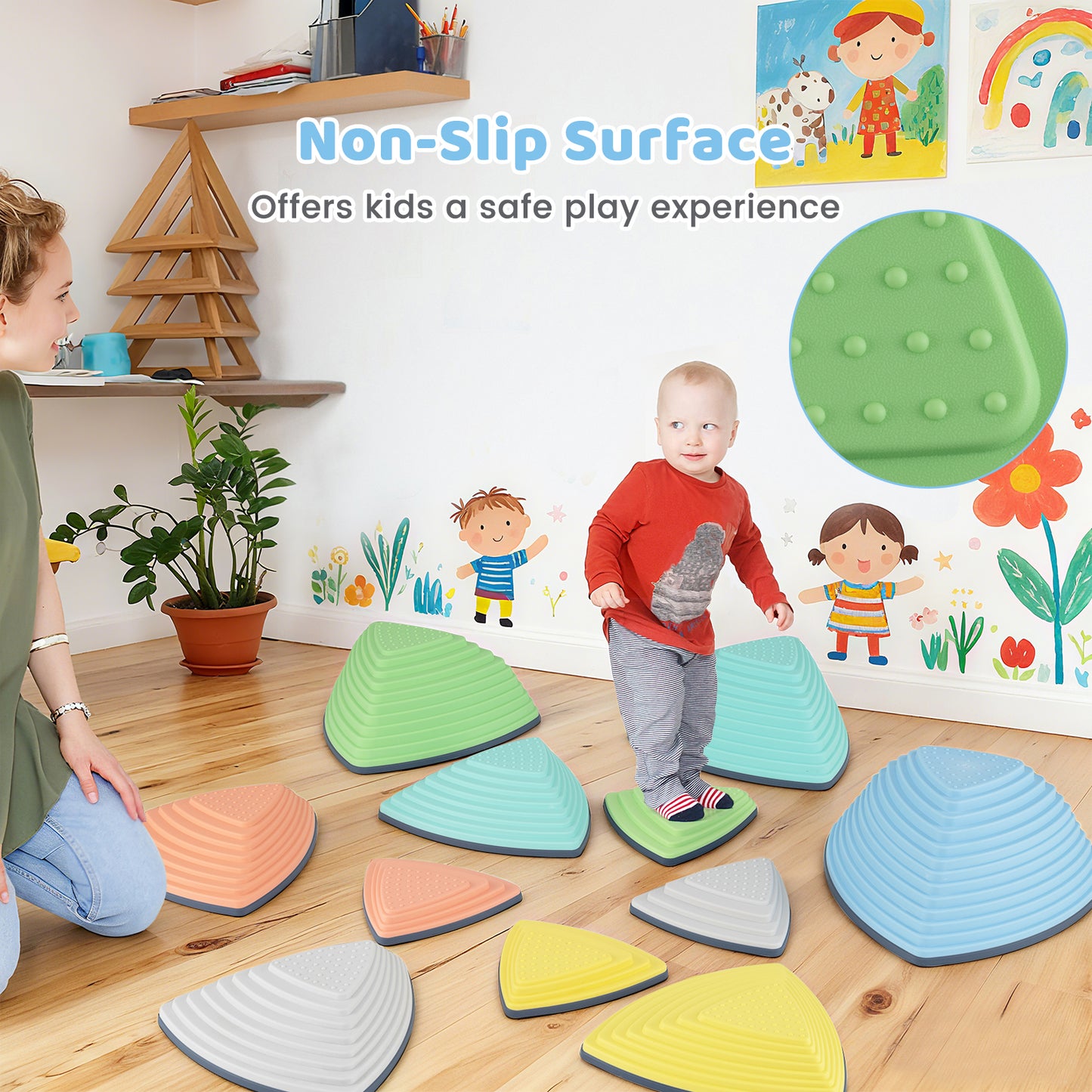 Set of 11 Stepping Stones for Kids Non-Slip Balance Stones with Storage Bag-Set of 11