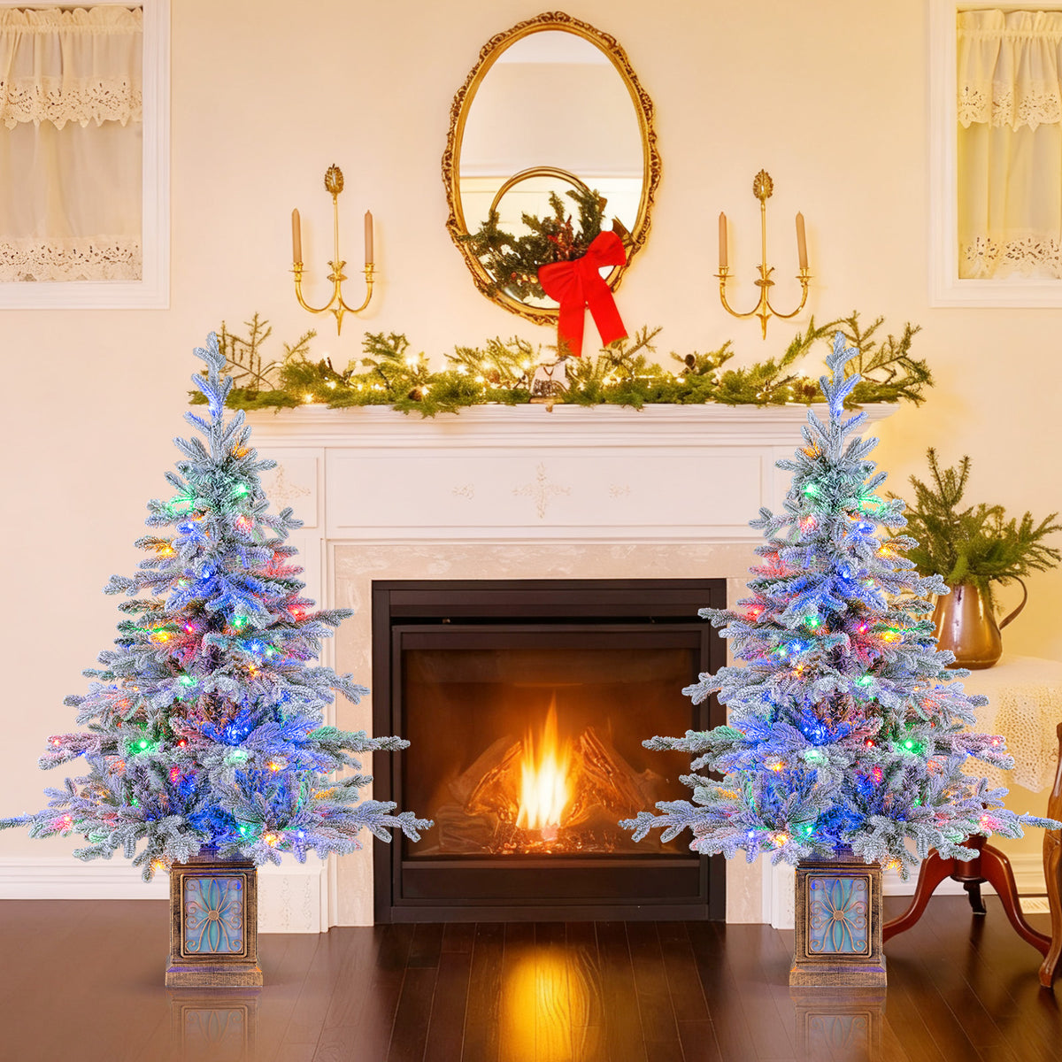 Set of 1/2 4 FT Artificial Christmas Tree Potted Xmas Tree with 180 Branch Tips-Set of 2