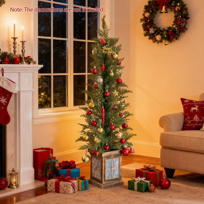 Set of 1/2 4 FT Artificial Christmas Tree Potted Xmas Tree with 100 Branch Tips and Retro Base-Set of 1