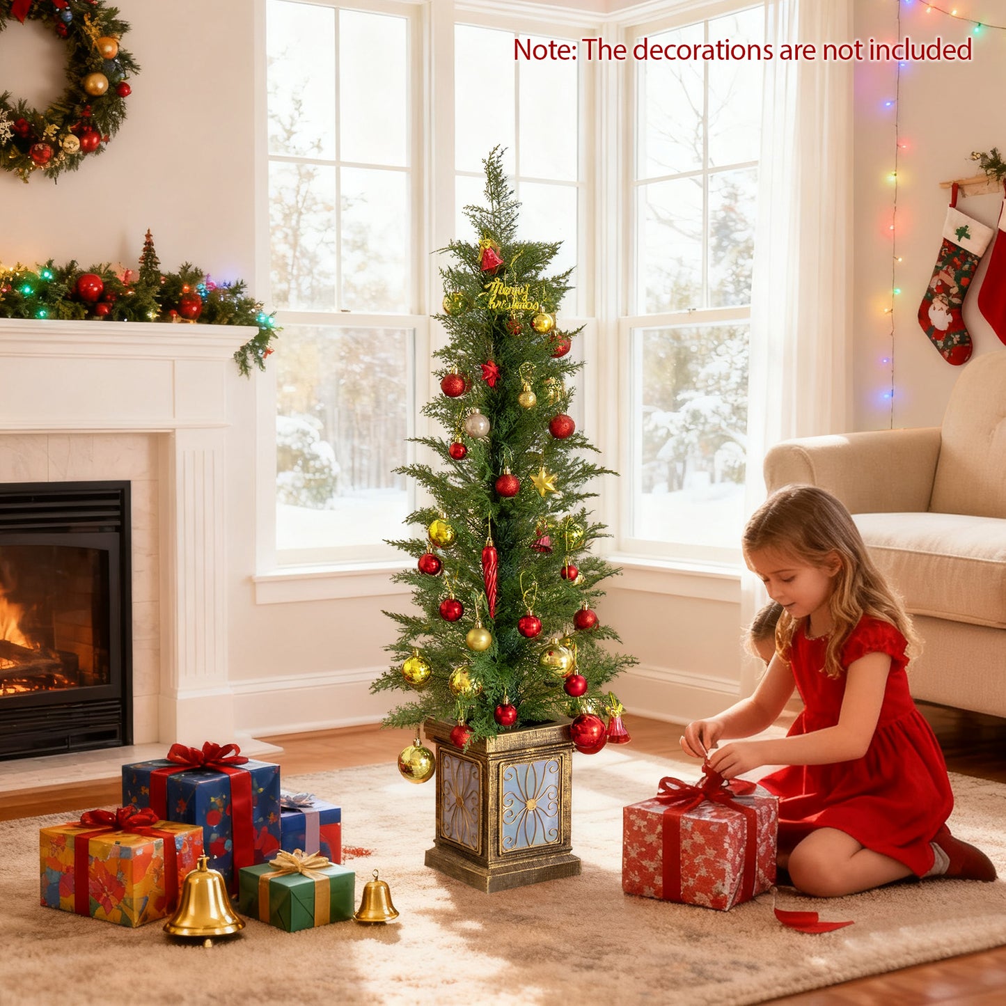 Set of 1/2 4 FT Artificial Christmas Tree Potted Xmas Tree with 100 Branch Tips and Retro Base-Set of 1