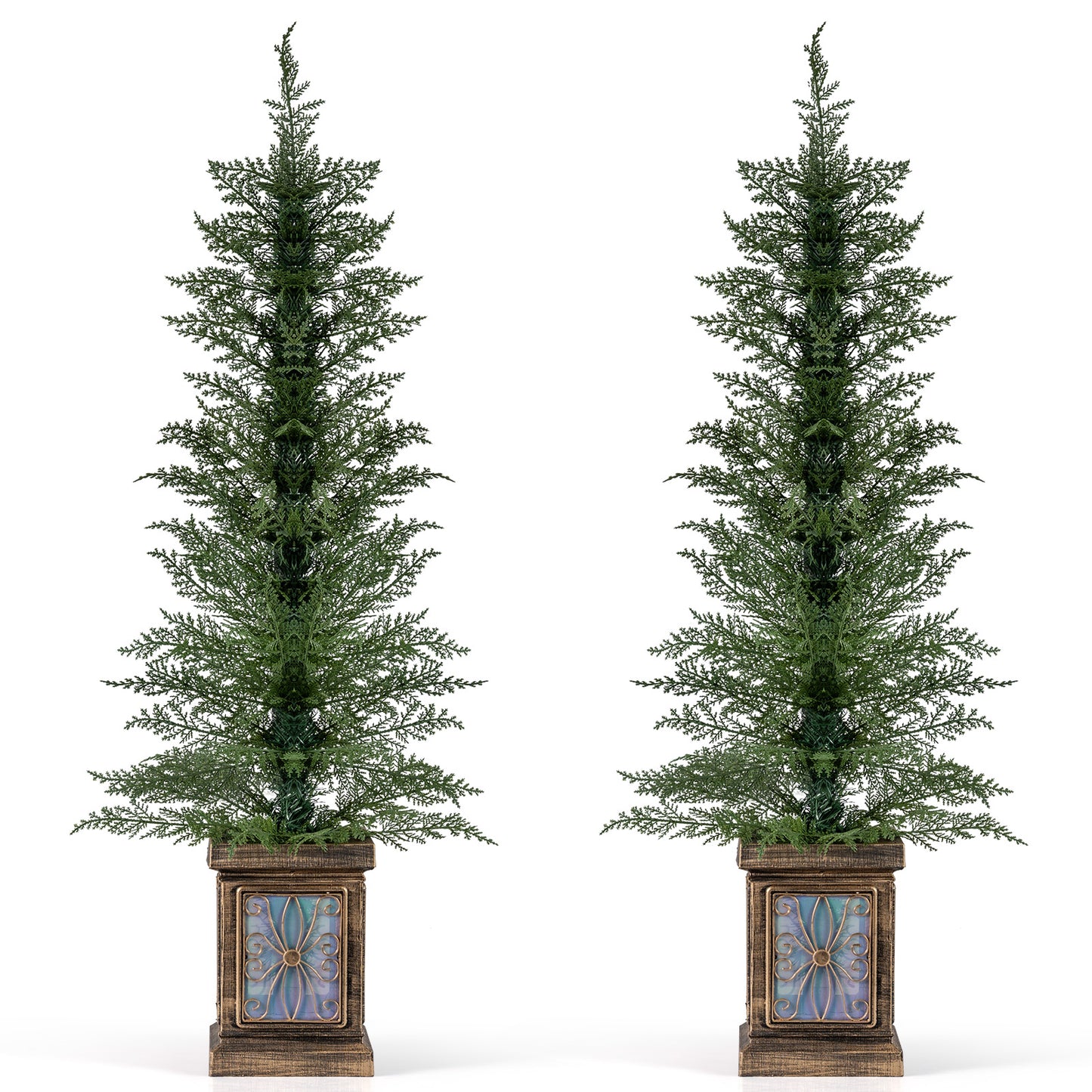 Set of 1/2 4 FT Artificial Christmas Tree Potted Xmas Tree with 100 Branch Tips and Retro Base-Set of 1