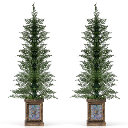 Set of 1/2 4 FT Artificial Christmas Tree Potted Xmas Tree with 100 Branch Tips and Retro Base-Set of 1