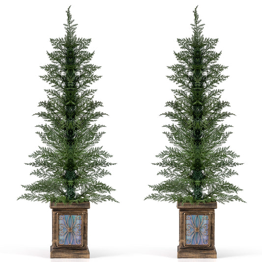 Set of two 4 ft artificial Christmas trees with potted bases, 100 branch tips, and retro-style bases for holiday decor.