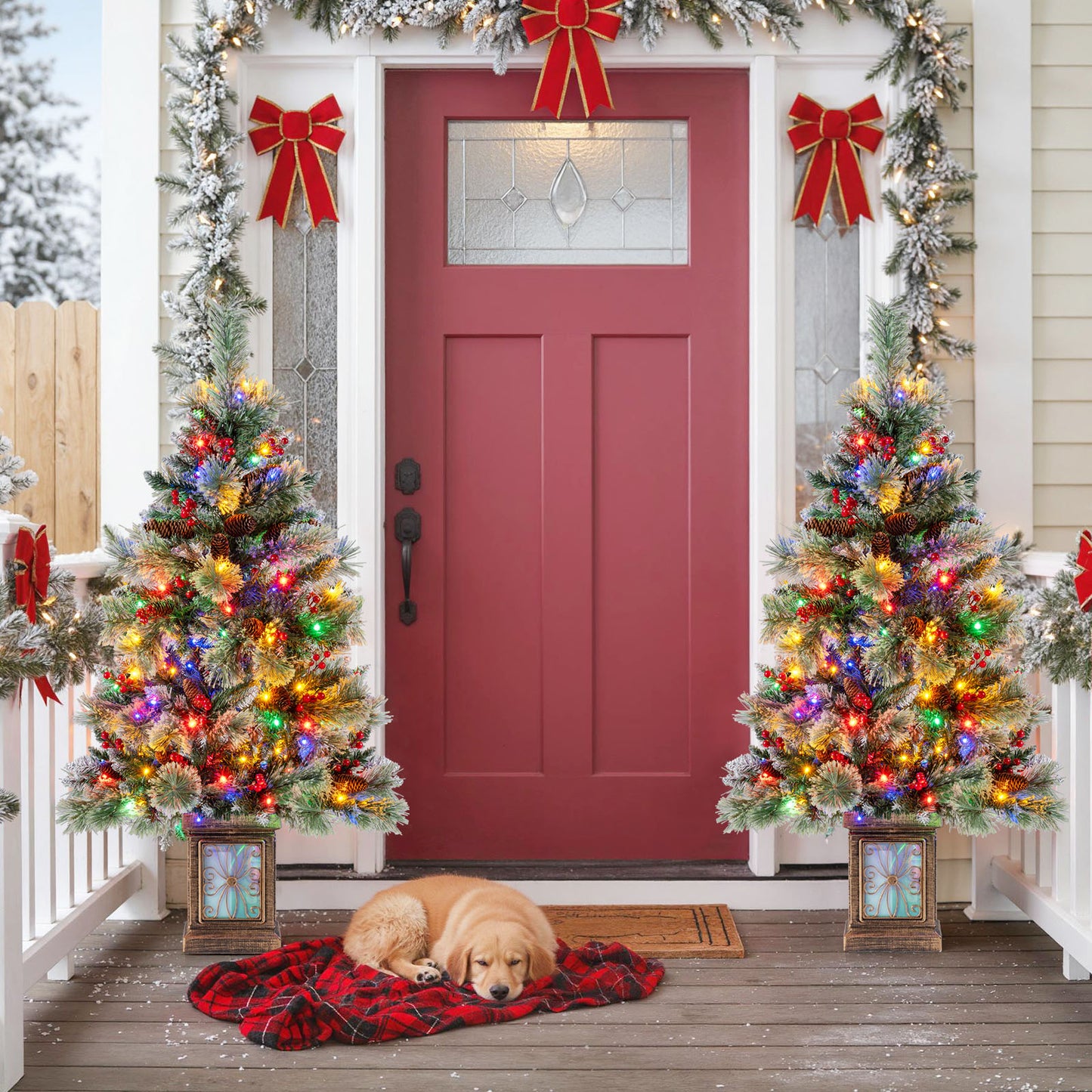 Set of 1/2 4 FT Artificial Christmas Tree Potted Xmas Tree with 190 Branch Tips-Set of 2