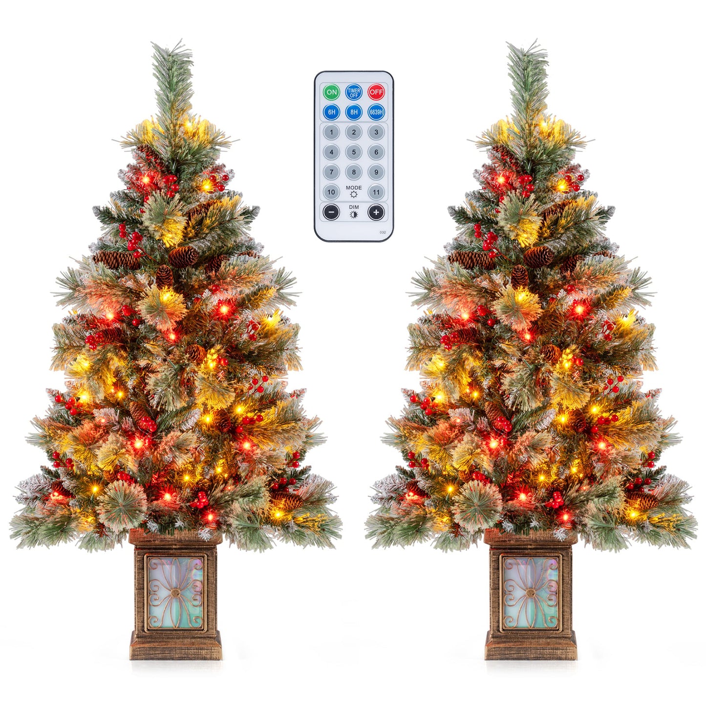 Set of 1/2 4 FT Artificial Christmas Tree Potted Xmas Tree with 190 Branch Tips-Set of 2