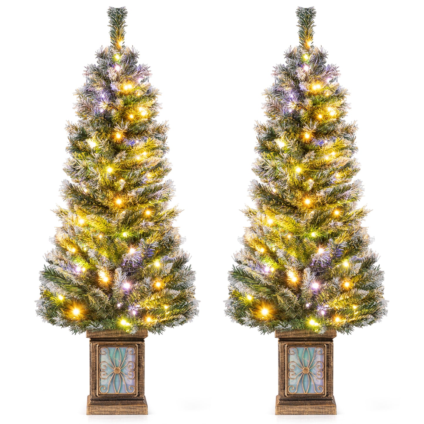 Set of 1/2 4 FT Pre-lit Artificial Christmas Trees Potted Xmas Tree with  80 Dimmable LED Lights-Set of 2