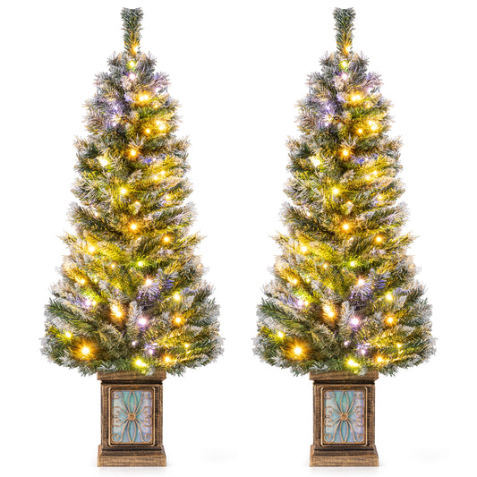 Set of 1/2 4 FT Pre-lit Artificial Christmas Trees Potted Xmas Tree with  80 Dimmable LED Lights-Set of 2