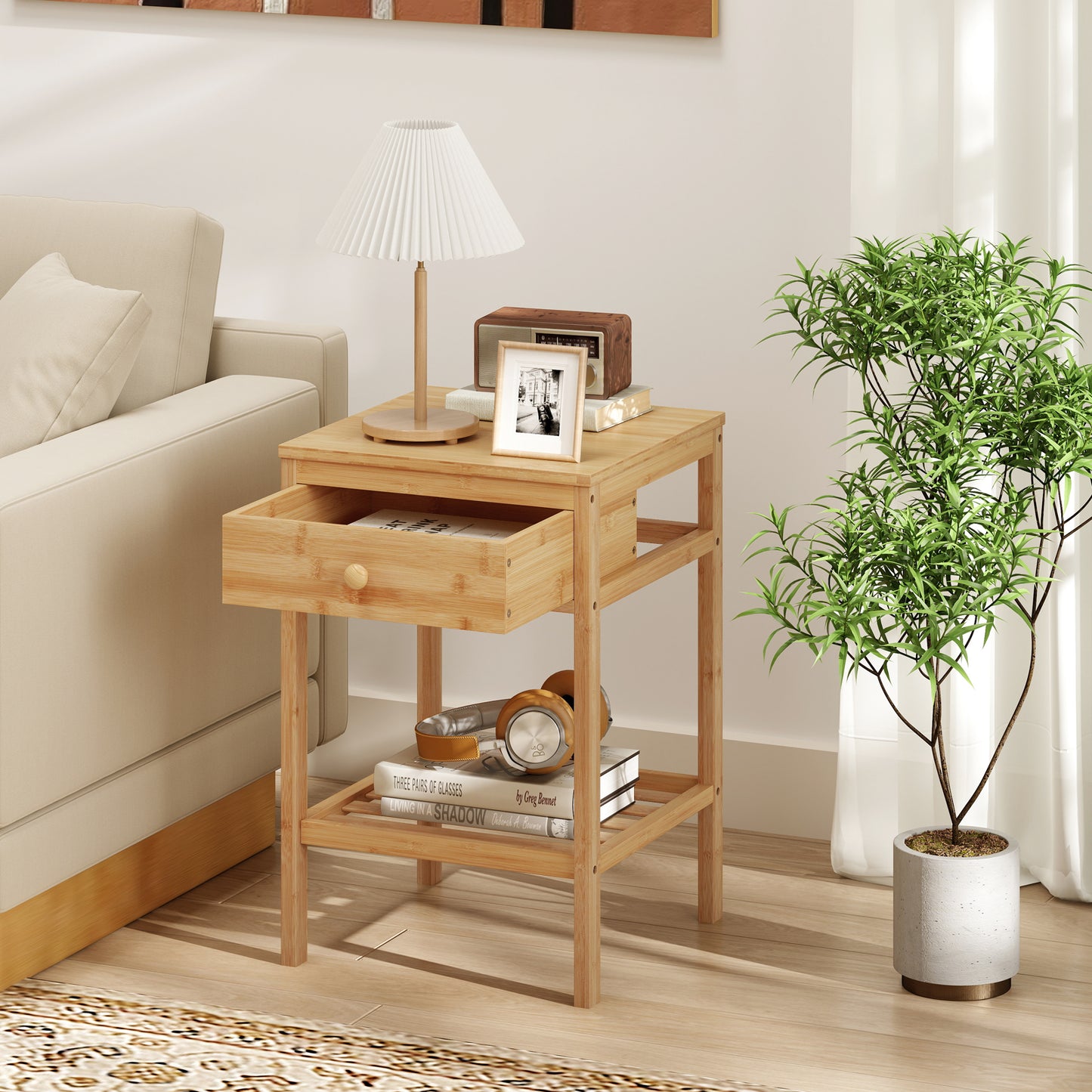 Set of 1/2 Bamboo Nightstand Bedside Table with Storage Drawer and Open Shelf-1 piece