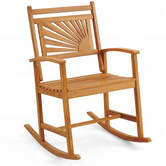 Acacia wood outdoor patio rocking chair with curved armrests, ideal for outdoor seating and relaxation.