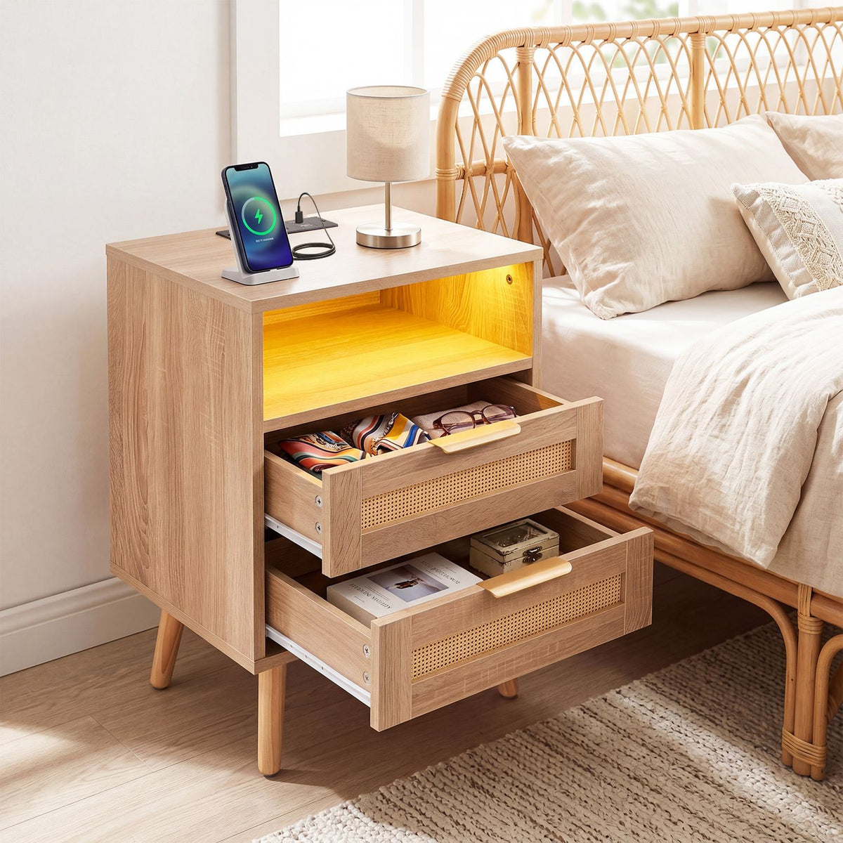Boho-style nightstand with charging station and RGB LED light strip, made of wood, featuring modern design and storage space.
