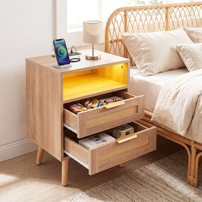 Boho-style nightstand with charging station and RGB LED light strip, made of wood, featuring modern design and storage space.