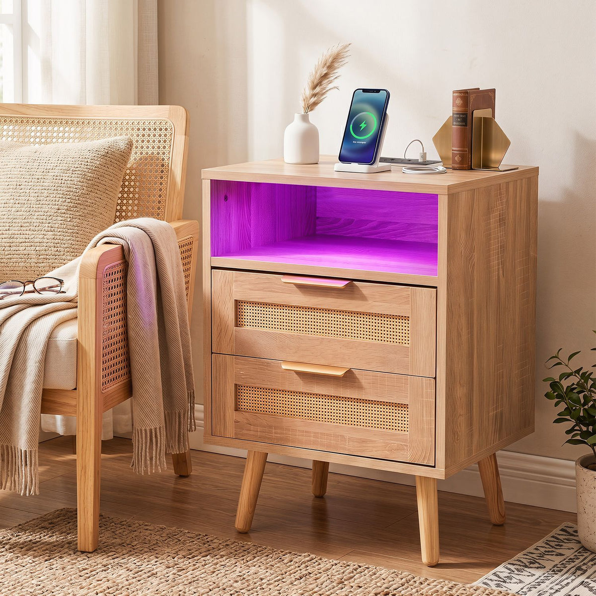 Boho style nightstand with charging station and RGB LED light strip, wooden finish, modern bedroom furniture by Wilsons Home Store