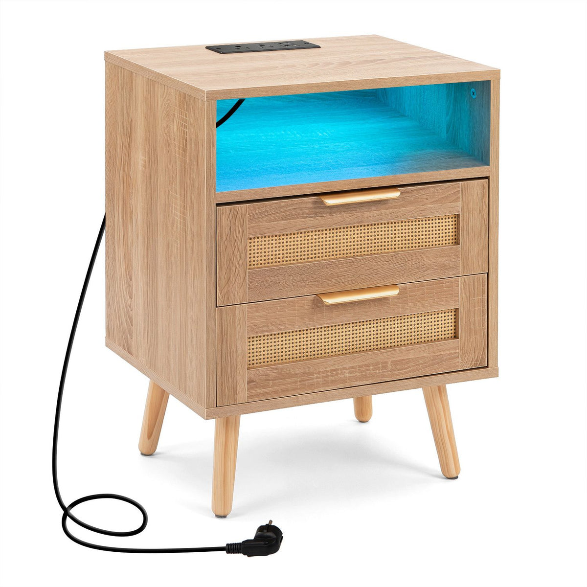 Boho style nightstand with built-in charging station and RGB LED light strip, modern bedroom furniture by Wilsons Home Store