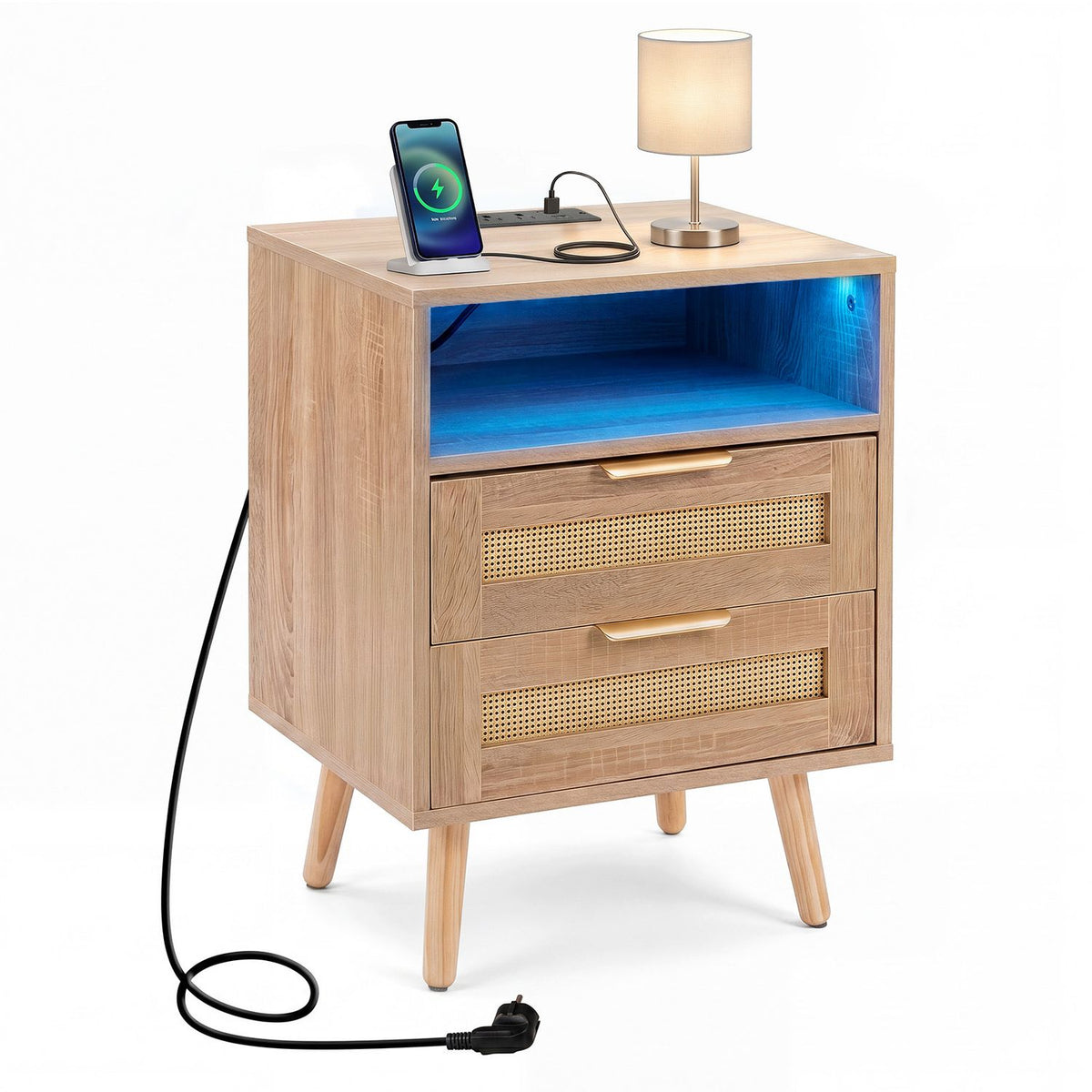 Boho-style nightstand with built-in charging station and RGB LED light strip, modern bedroom furniture by Wilsons Home Store