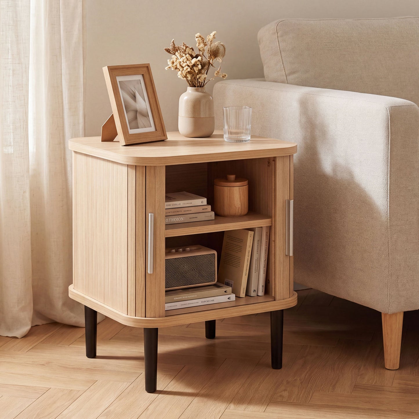 Set of 1 Fluted Nightstand with Sliding Doors and Adjustable Shelf for Small Spaces-Natural