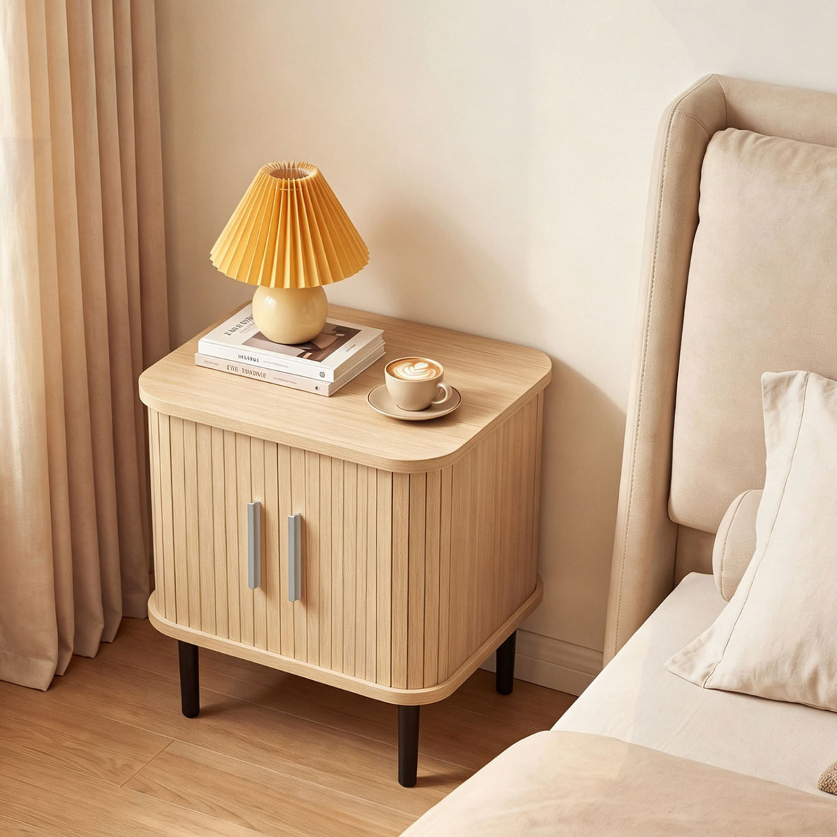 Set of 1 Fluted Nightstand with Sliding Doors and Adjustable Shelf for Small Spaces-Natural