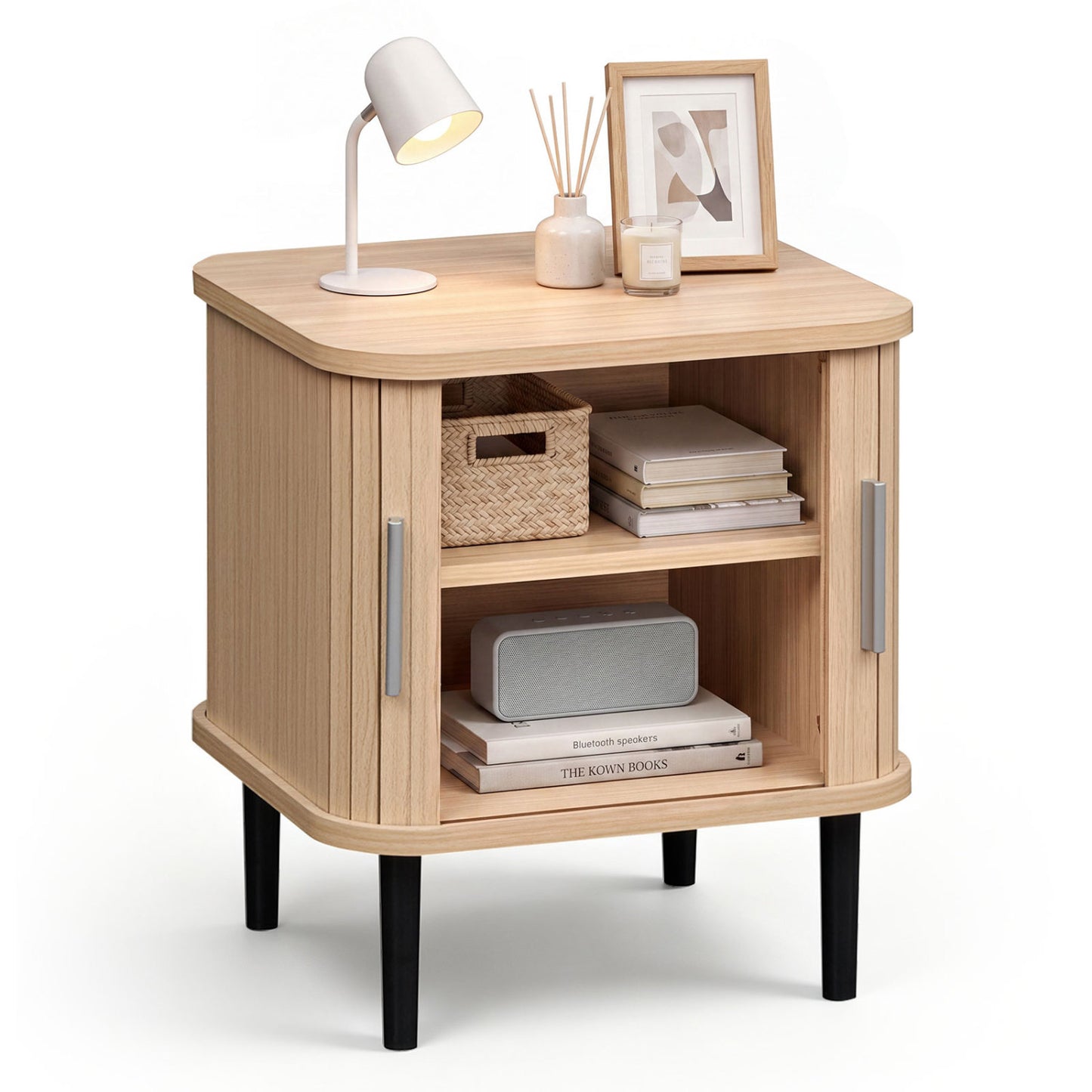 Set of 1 Fluted Nightstand with Sliding Doors and Adjustable Shelf for Small Spaces-Natural